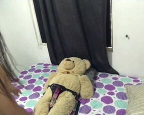 Lesbiana monta al oso de peluche con arnés.