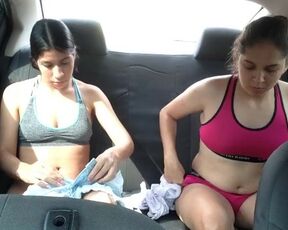 Lesbians strip naked in the car on the way to the gym