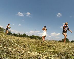 No Panties No Bra Girls Play Outdoors in the Wild to show Boobs and Pussy on a Summer Day