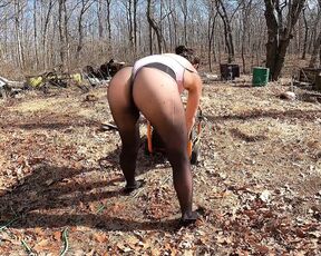 Thong Bodysuit Over Pantyhose - Outdoor Chores