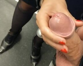 MILF empties a cock in her thong in an elevator