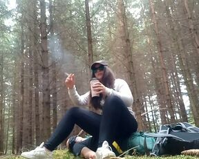 sitting and trampling in the forest on a slave