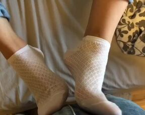 Blonde Teen in White Ankle Socks Teasing Cock in Pants