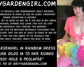 Dirtygardengirl in rainbow dress take huge dildo in to her ruined pussy hole & prolapse