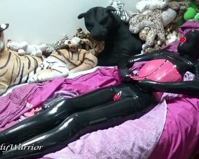 Black latex Condom Catsuit + pink latex corset + orgasm