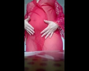 Pregnant milf in see through red nightie lingerie natural dark areolas pregnancy large puffy nipples