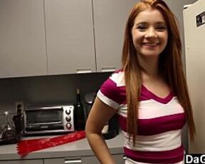 Horny redhead teen surprised with sex in kitchen