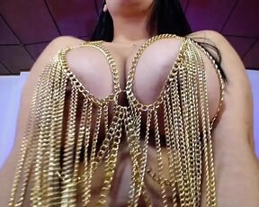 Sexy goddess plays with her big tits in chains outfit fuck big tits and sucks her nipples with a lot of pleasure