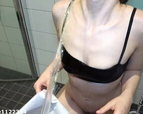 Interrupted girl in the toilet while she was reading by pissing all over her Soaking wet Golden Shower